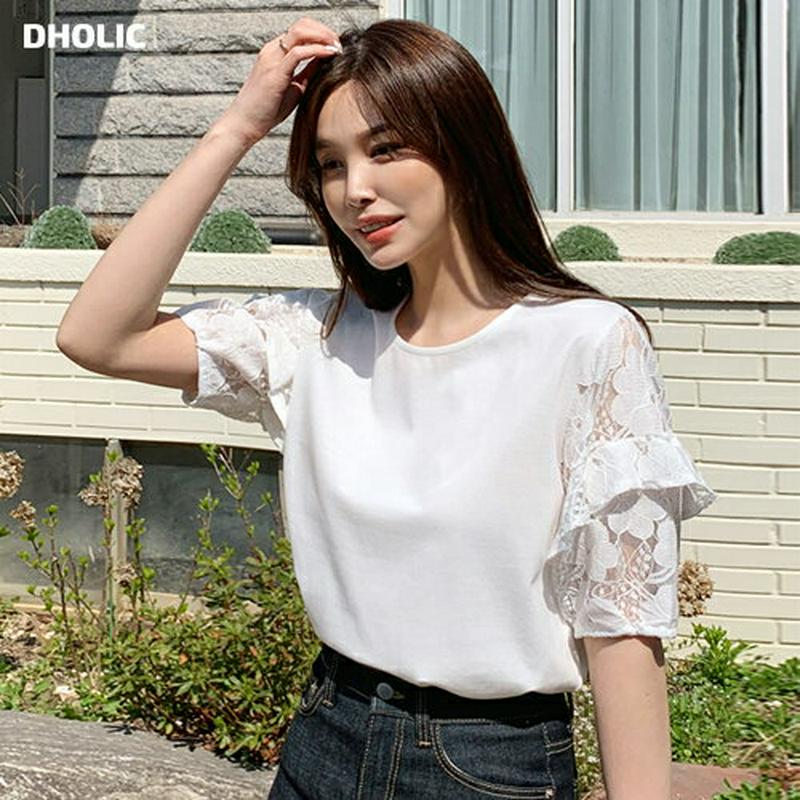 フリルレーススリーブTシャツ・全2色・t61707 レディース【tops】【トップス Tシャツ 半袖 ハーフスリーブ レース 袖