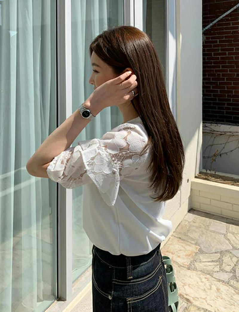 フリルレーススリーブTシャツ・全2色・t61707 レディース【tops】【トップス Tシャツ 半袖 ハーフスリーブ レース 袖