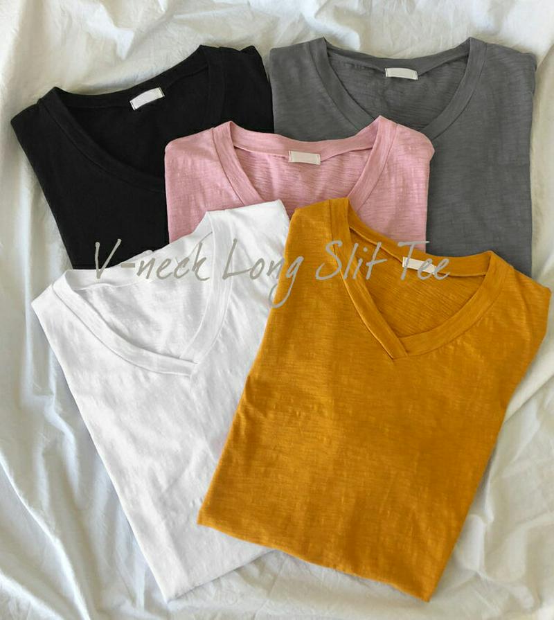 VネックスリットTシャツ・全6色・b61708 レディース【tops】【トップス Tシャツ Vネック 半袖 ハーフスリーブ 単色