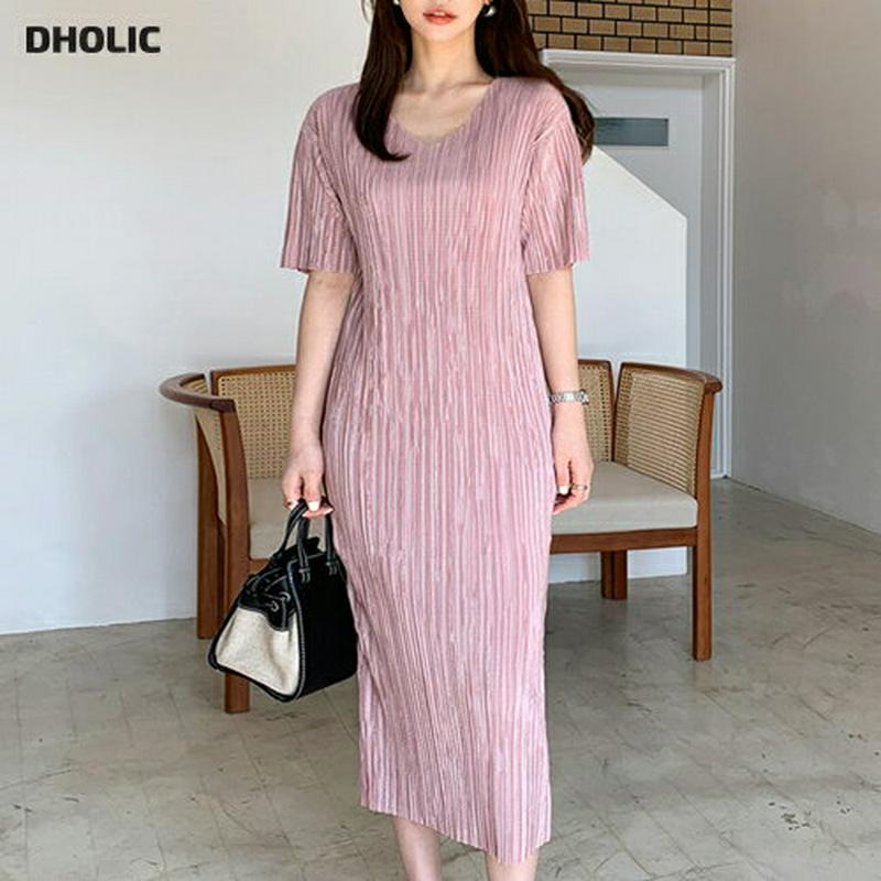 ≪人気商品再入荷≫Vネックプリーツワンピース・全4色・b61715 レディース【ops】 韓国ファッション ワンピース ロングワンピース プリーツ プリーツワンピース Vネック 半袖 ハーフスリーブ ピンク 上品 きれいめ 学校行事 春 夏 ハイホリHIHOLLI