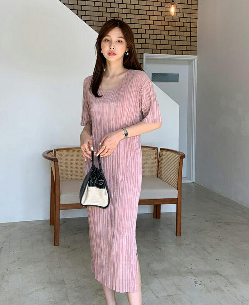 ≪人気商品再入荷≫Vネックプリーツワンピース・全4色・b61715 レディース【ops】 韓国ファッション ワンピース ロングワンピース プリーツ プリーツワンピース Vネック 半袖 ハーフスリーブ ピンク 上品 きれいめ 学校行事 春 夏 ハイホリHIHOLLI