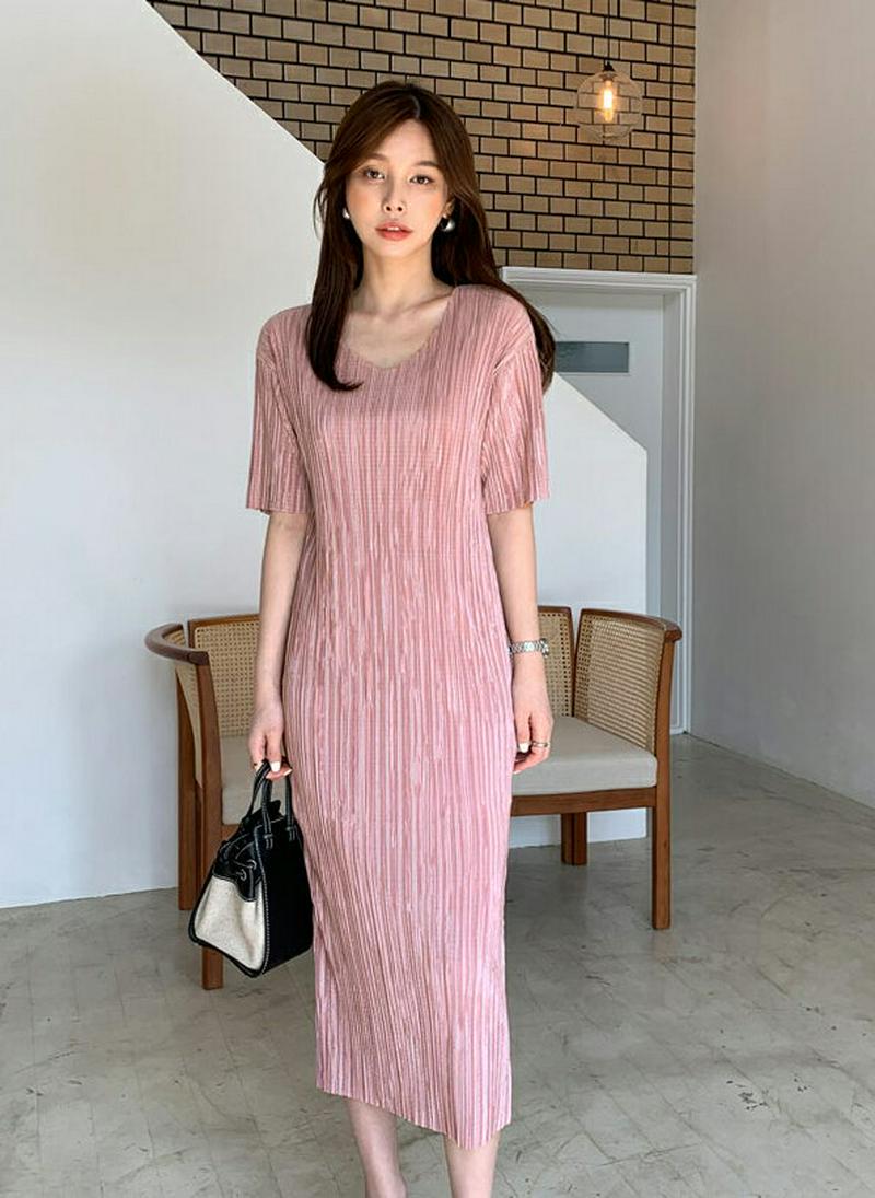 ≪人気商品再入荷≫Vネックプリーツワンピース・全4色・b61715 レディース【ops】 韓国ファッション ワンピース ロングワンピース プリーツ プリーツワンピース Vネック 半袖 ハーフスリーブ ピンク 上品 きれいめ 学校行事 春 夏 ハイホリHIHOLLI