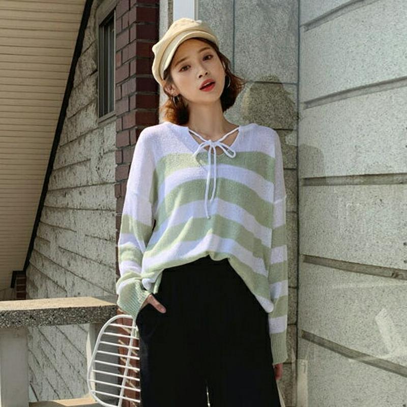 ネックリボンボーダーニット・全3色・t58729 レディース 【tops】【韓国 ファッション トップス ニット ニットトップス リボン りぼん ボーダー 柄 長袖 カジュアル ラフ ゆったり 春 秋】