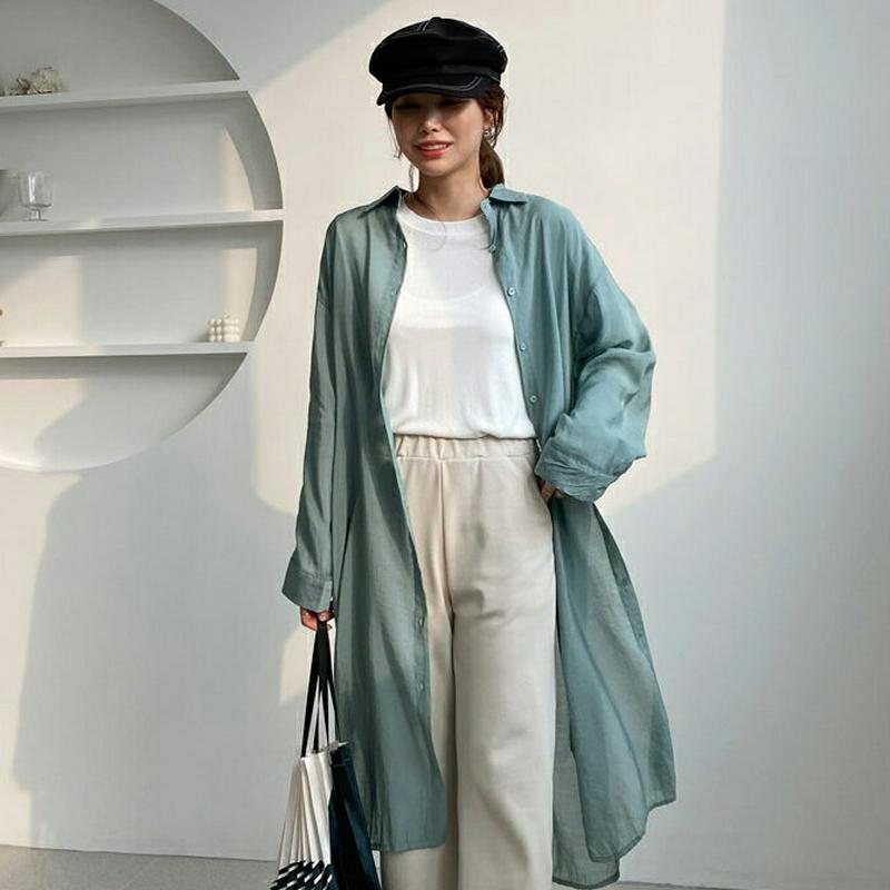 シアーロングシャツ・全2色・e61738 レディース【bl】【トップス シャツ ロング ロングシャツ 長袖 カジュアル 単色 無