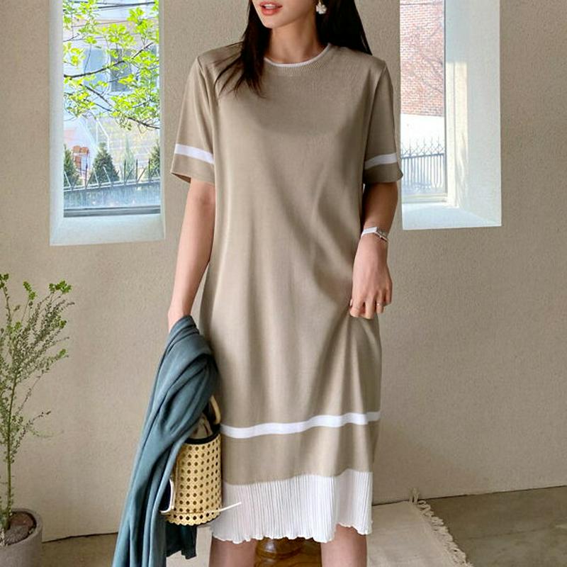 プリーツヘム配色ニットワンピース・全4色・b61667 レディース【ops】【ワンピース ミディ丈 ミディワンピース 半袖 プリ