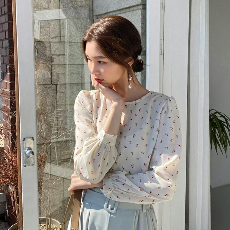 ラウンド小花柄ブラウス・全2色・t55579 レディース 【bl】【ブラウス トップス 長袖 花柄 パフスリーブ ラウンドネック