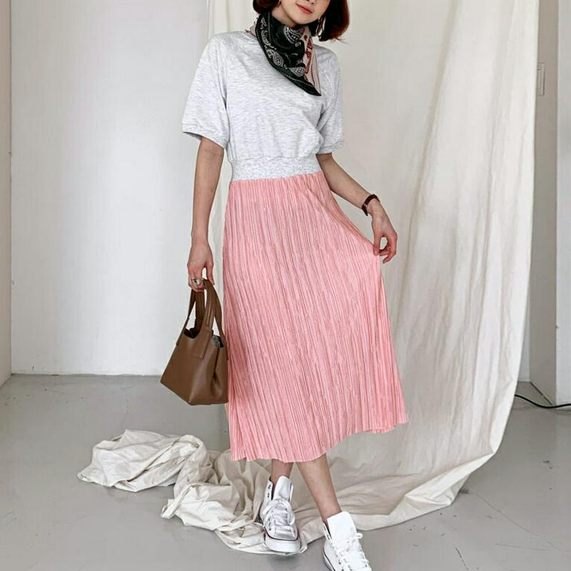 ラグランプリーツ配色ワンピース・全3色・b55801 レディース 【ops】【ワンピース ロング ロングワンピース 半袖 ハーフ