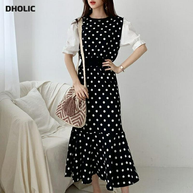 配色ドットマーメイドワンピース・全2色・b55796 レディース 【ops】【ワンピース ロング ロングワンピース ドット 柄　