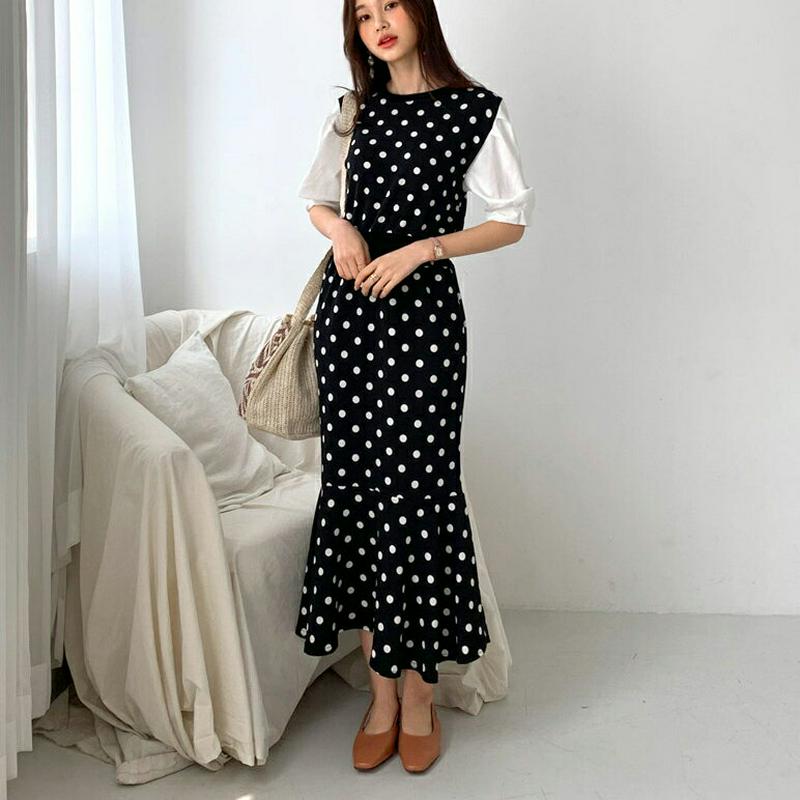 配色ドットマーメイドワンピース・全2色・b55796 レディース 【ops】【ワンピース ロング ロングワンピース ドット 柄　