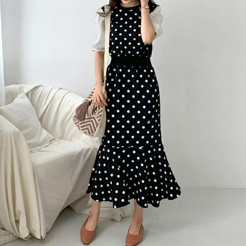 配色ドットマーメイドワンピース・全2色・b55796 レディース 【ops】【ワンピース ロング ロングワンピース ドット 柄　