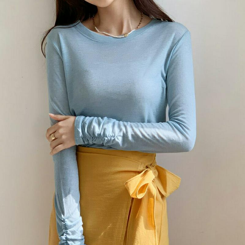 ギャザースリーブスリムTシャツ・全6色・t55746 レディース 【tops】【トップス Tシャツ　長袖 スリム ギャザー 袖コ