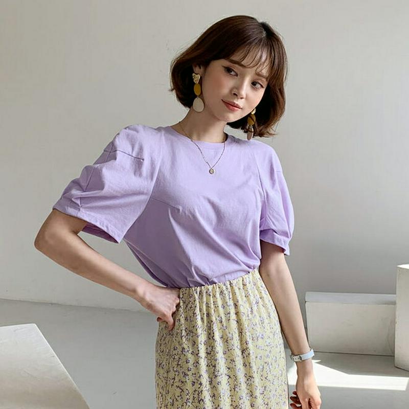 ラウンドネックパフTシャツ・全4色・t55728 レディース 【tops】【トップス Tシャツ 半袖 ハーフスリーブ パフスリー