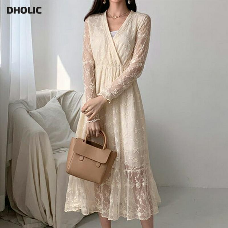 Vネックレースワンピース・全2色・t55736 レディース 【ops】【ワンピース ロング ロングワンピース 長袖 レース 総レ