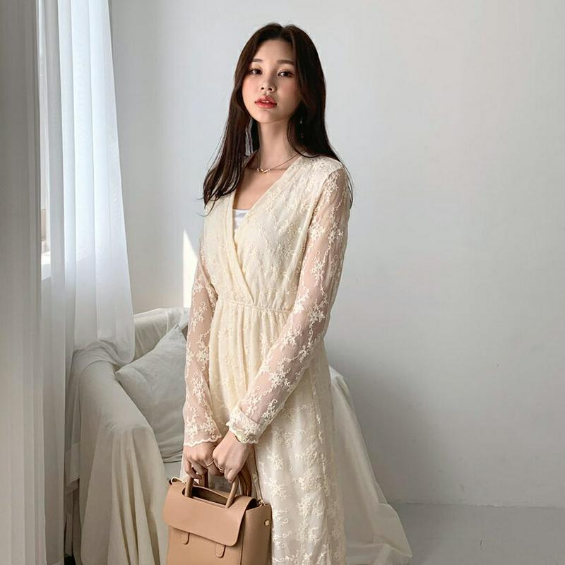 Vネックレースワンピース・全2色・t55736 レディース 【ops】【ワンピース ロング ロングワンピース 長袖 レース 総レ