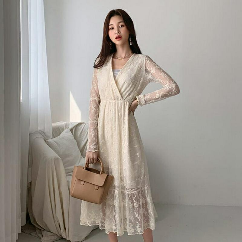 Vネックレースワンピース・全2色・t55736 レディース 【ops】【ワンピース ロング ロングワンピース 長袖 レース 総レ