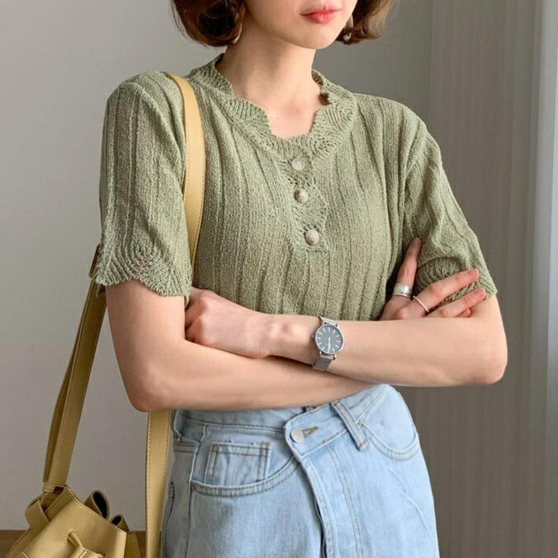 ボタンスカラップニット・全5色・b55749 レディース 【tops】【トップス　ニット ニットトップス スカラップ 半袖 ハー