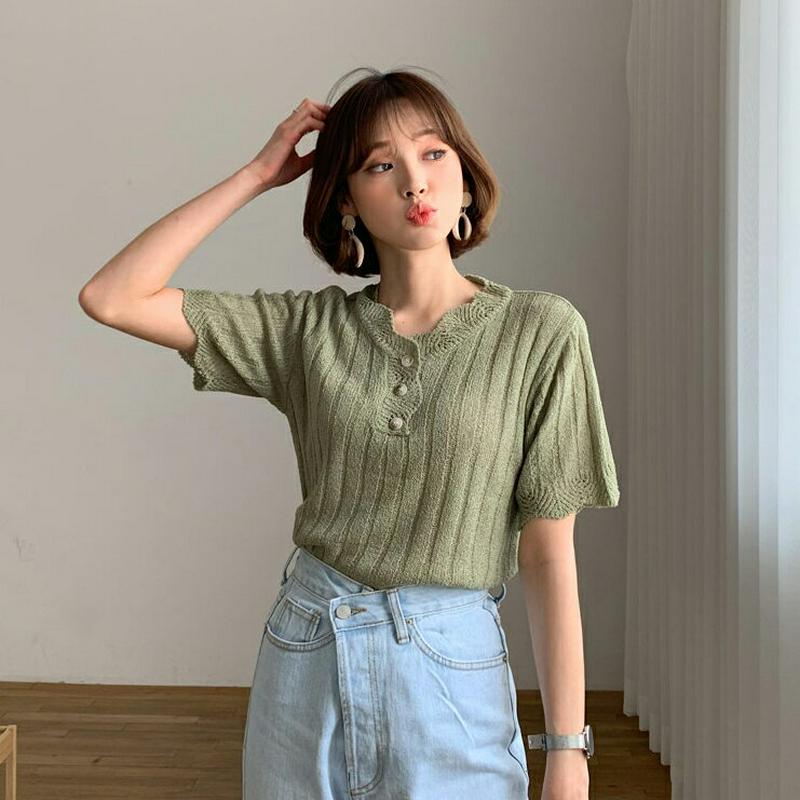 ボタンスカラップニット・全5色・b55749 レディース 【tops】【トップス　ニット ニットトップス スカラップ 半袖 ハー
