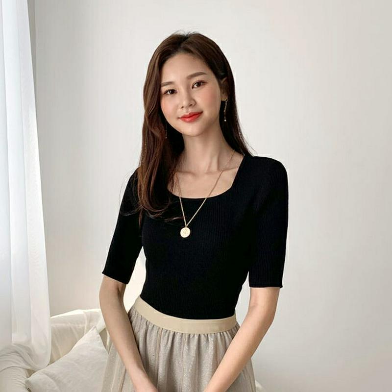 スクエア半袖リブニット・全5色・b55747 レディース 【tops】【トップス ニット ニットトップス リブ リブニット 半袖