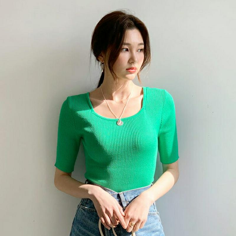 スクエア半袖リブニット・全5色・b55747 レディース 【tops】【トップス ニット ニットトップス リブ リブニット 半袖