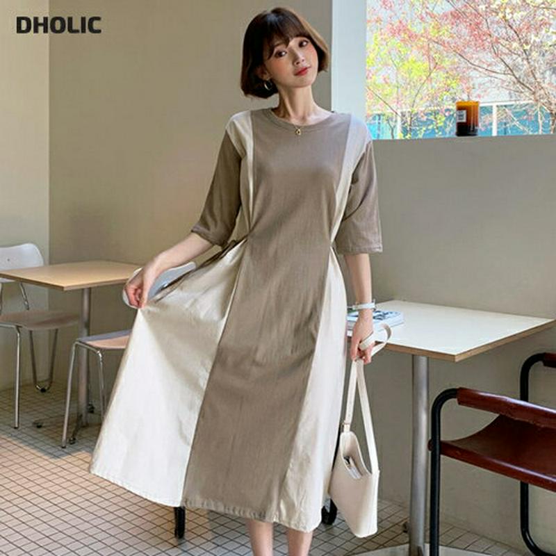 ≪人気商品再入荷≫サイド配色リボンワンピース・全2色・b55293 レディース【ops】 韓国ファッション ワンピース ロングワンピース ロング丈 半袖 ラウンドネック 配色 綿 コットン カジュアル フェミニン ユニーク バイカラー 春 夏