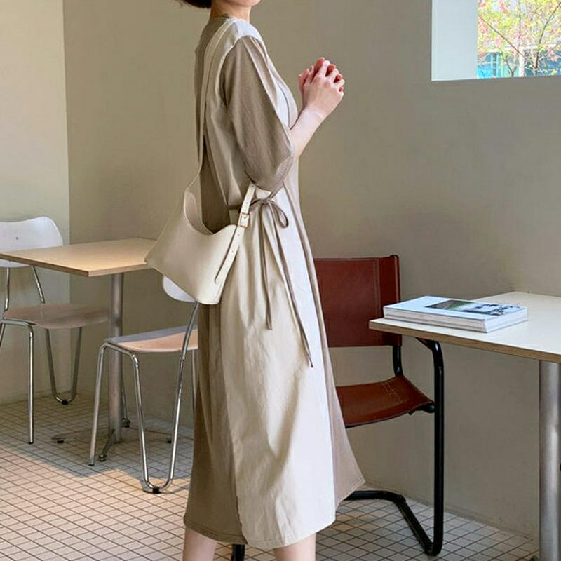 ≪人気商品再入荷≫サイド配色リボンワンピース・全2色・b55293 レディース【ops】 韓国ファッション ワンピース ロングワンピース ロング丈 半袖 ラウンドネック 配色 綿 コットン カジュアル フェミニン ユニーク バイカラー 春 夏