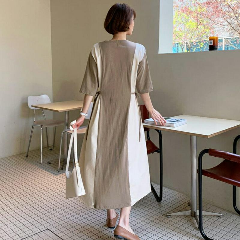 ≪人気商品再入荷≫サイド配色リボンワンピース・全2色・b55293 レディース【ops】 韓国ファッション ワンピース ロングワンピース ロング丈 半袖 ラウンドネック 配色 綿 コットン カジュアル フェミニン ユニーク バイカラー 春 夏