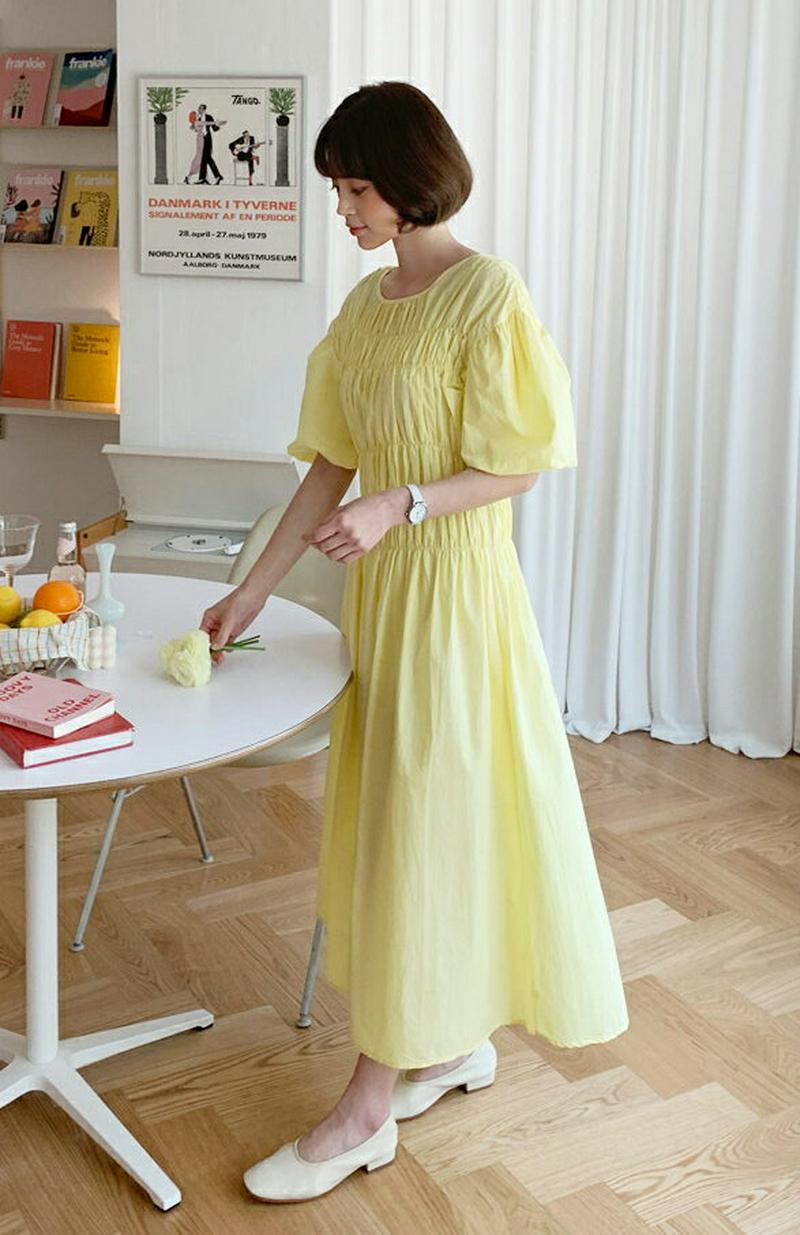 パフスリーブギャザーワンピース・全2色・t55292 レディース【ops】【ワンピース ロングワンピース ロング丈 半袖 ラウン