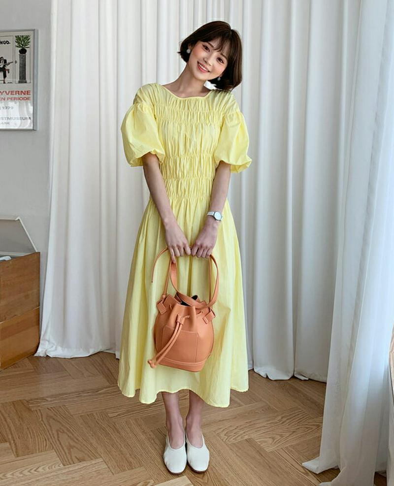 パフスリーブギャザーワンピース・全2色・t55292 レディース【ops】【ワンピース ロングワンピース ロング丈 半袖 ラウン