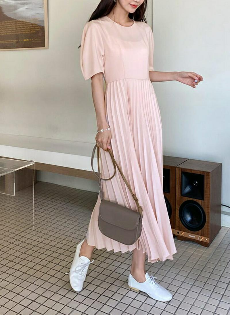 ベルト付プリーツワンピース・全2色・t55294 レディース【ops】【ワンピース ロングワンピース ロング丈 半袖 ハーフスリ