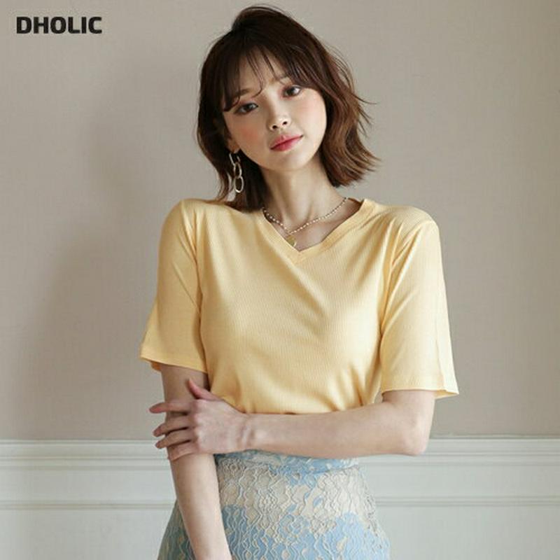 リブVネックTシャツ・全4色・b55761 レディース【tops】【トップス Tシャツ 半袖 Vネック デコルテ 綿 コットン 