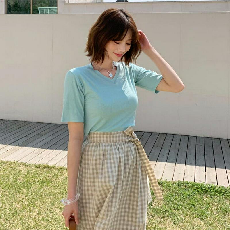 リブVネックTシャツ・全4色・b55761 レディース【tops】【トップス Tシャツ 半袖 Vネック デコルテ 綿 コットン 
