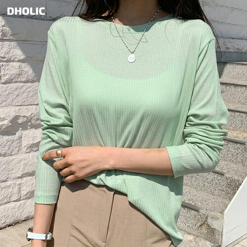 リブラウンドネックTシャツ・全6色・t55760 レディース【tops】【トップス Tシャツ 長袖 ラウンドネック 透け感 シア