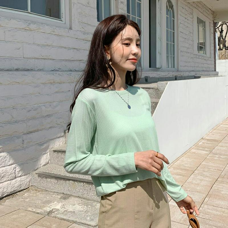 リブラウンドネックTシャツ・全6色・t55760 レディース【tops】【トップス Tシャツ 長袖 ラウンドネック 透け感 シア