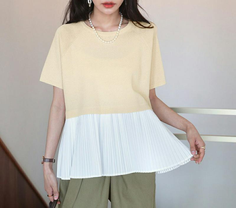 プリーツヘムニット・全2色・b55764 レディース【tops】【トップス ニット 半袖 ラウンドネック プリーツ カラーブロッ