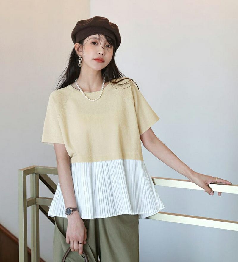 プリーツヘムニット・全2色・b55764 レディース【tops】【トップス ニット 半袖 ラウンドネック プリーツ カラーブロッ