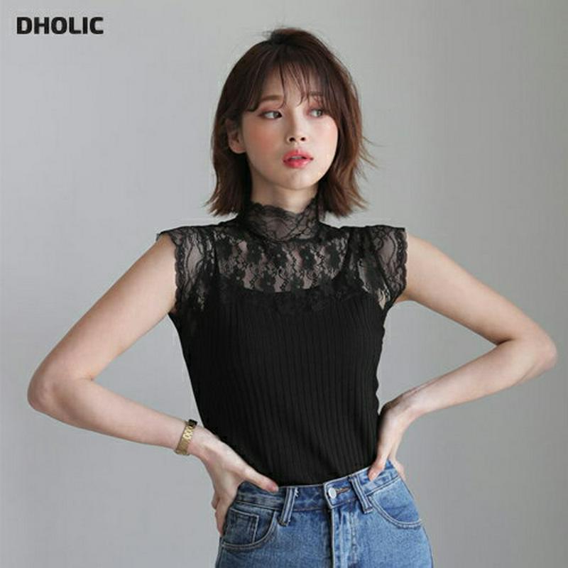 レースハイネックリブリーブレス・全2色・55825 レディース【tops】【トップス スリーブレス ハイネック レース 透け感 