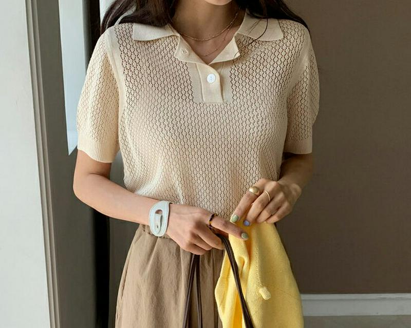 パンチングカラーニット・全4色・55756 レディース【tops】【トップス ニット 半袖 パンチング カラー 透け感 シアー 