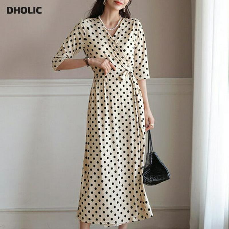 ドットラップワンピース・全2色・b55770 レディース【ops】【ワンピース ロングワンピース ロング丈 半袖 Vネック デコ