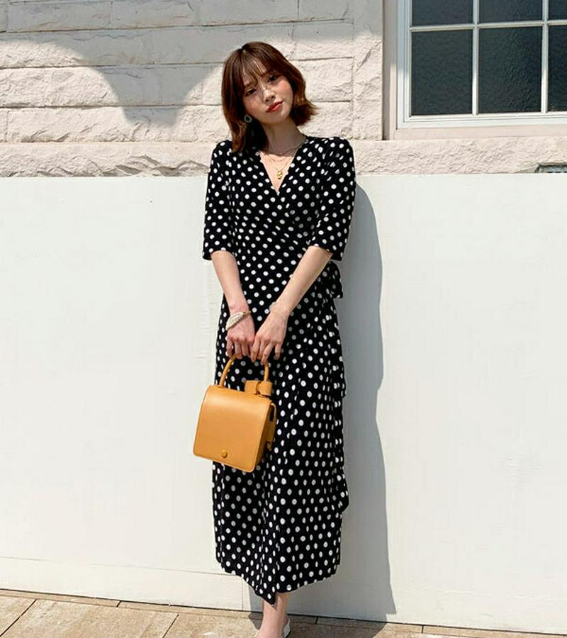 ドットラップワンピース・全2色・b55770 レディース【ops】【ワンピース ロングワンピース ロング丈 半袖 Vネック デコ