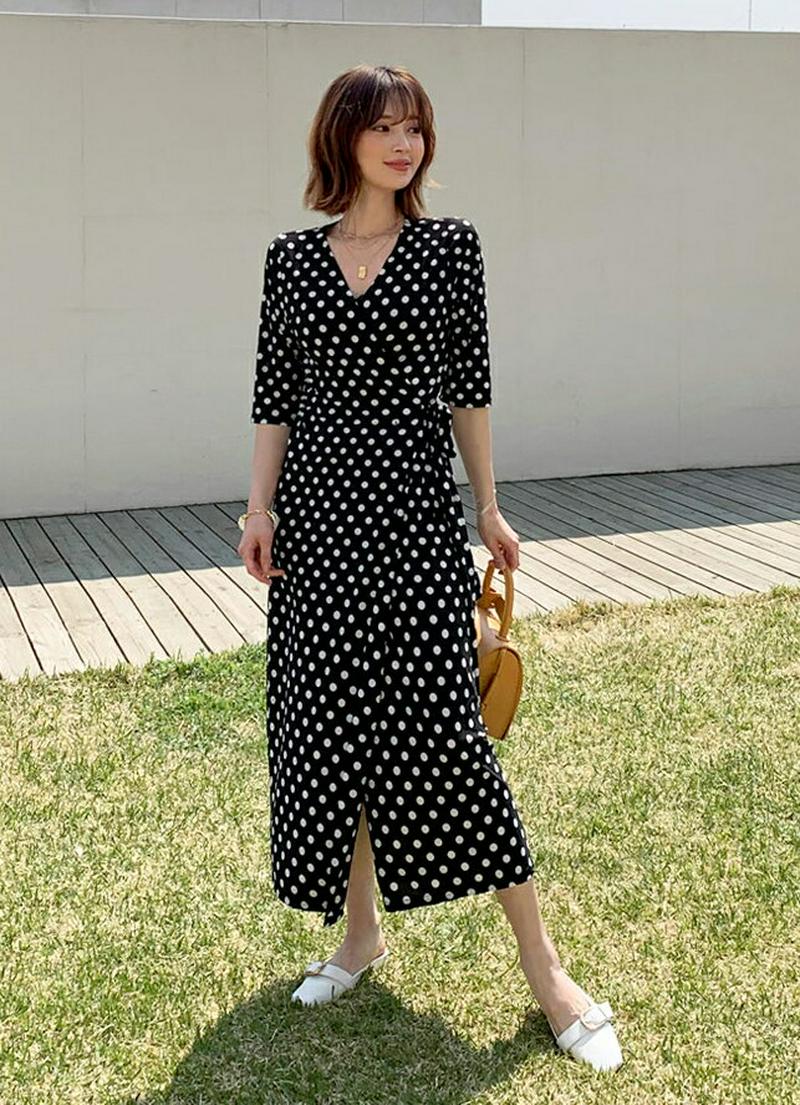ドットラップワンピース・全2色・b55770 レディース【ops】【ワンピース ロングワンピース ロング丈 半袖 Vネック デコ