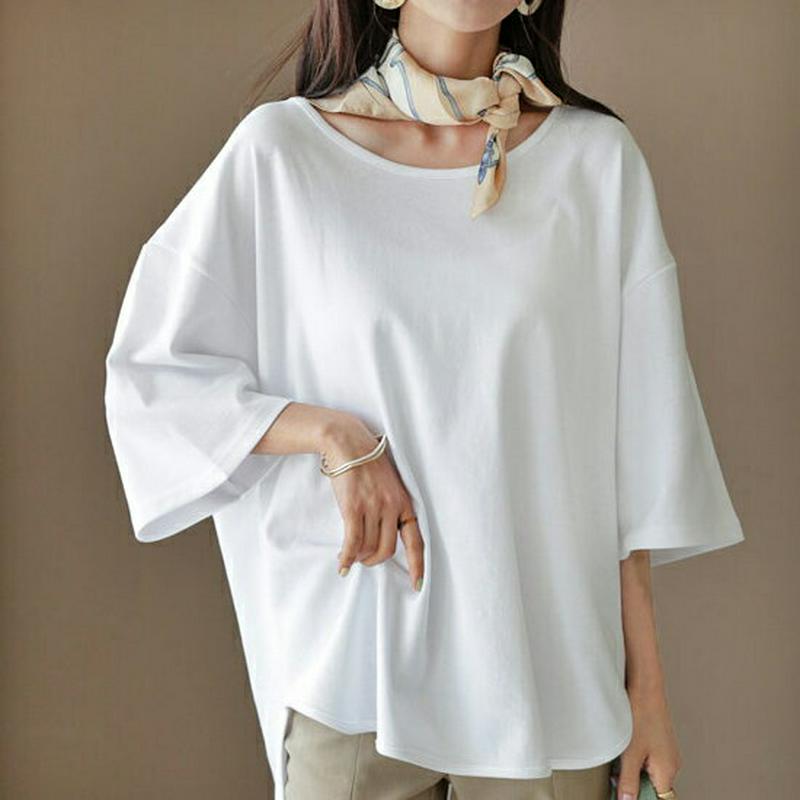 ≪人気商品再入荷≫アンバランスヘムTシャツ・全2色・55758 レディース【tops】 韓国ファッション トップス Tシャツ 七分袖 7分袖 ラウンドネック アンバランス 体型カバー ゆったり 綿 コットン 無地 カジュアル シンプル フェミニン 春 夏232