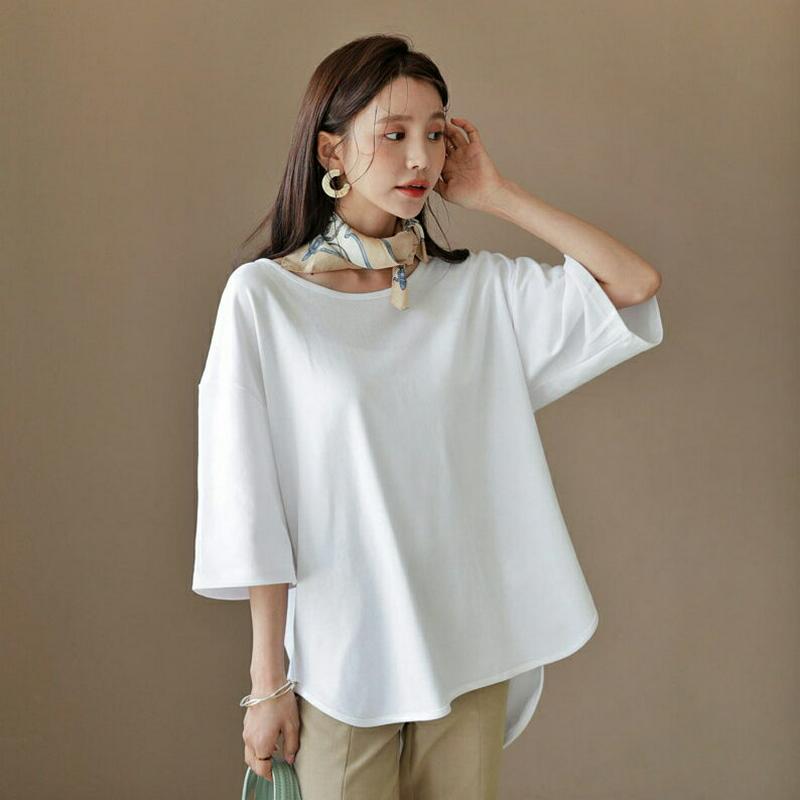 ≪人気商品再入荷≫アンバランスヘムTシャツ・全2色・55758 レディース【tops】 韓国ファッション トップス Tシャツ 七分袖 7分袖 ラウンドネック アンバランス 体型カバー ゆったり 綿 コットン 無地 カジュアル シンプル フェミニン 春 夏232