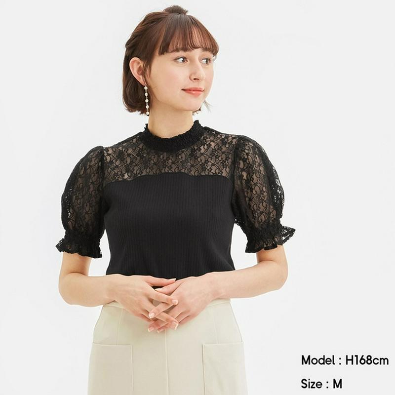 レースコンビネーションパフスリーブプルオーバー(半袖)Q