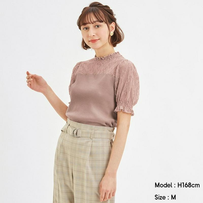 レースコンビネーションパフスリーブプルオーバー(半袖)Q