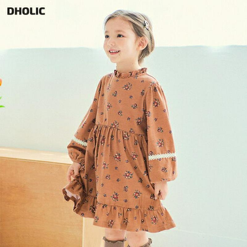 花柄フリルヘムワンピース(ブラウン)・p001252 キッズ【3~8才】【ops】【ワンピース ミディ丈 ミディワンピース 長袖