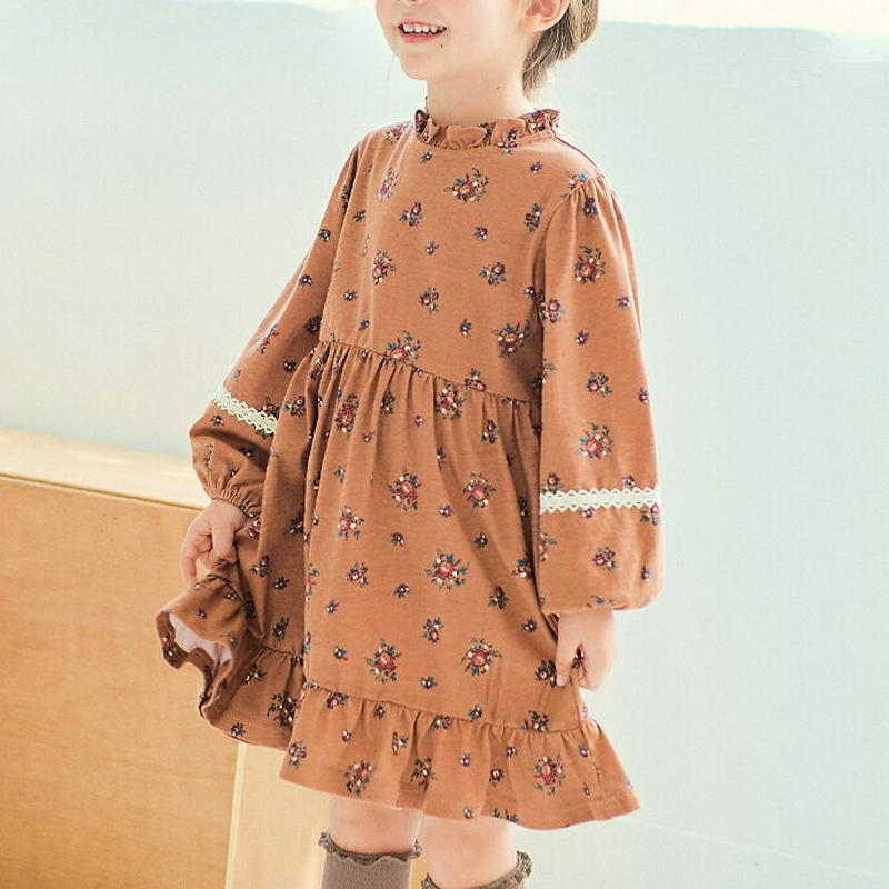 花柄フリルヘムワンピース(ブラウン)・p001252 キッズ【3~8才】【ops】【ワンピース ミディ丈 ミディワンピース 長袖