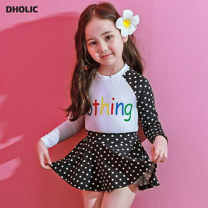 nothingドットスカート水着SET p000563 キッズ 【3~8才】【bw】【韓国 ファッション 水着 ラッシュガード 水着セット 長袖 水遊び プール 海 日焼け防止 日よけ ロゴ レタリング パターン 柄 スカート ドットキッズ 子供 子供用 春 夏】【KIDS】