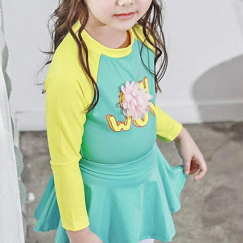 OHフレアスカート水着SET p000545 キッズ 【3~8才】【bw】【韓国 ファッション 水着 ラッシュガード 水着セット 長袖 ロングパンツ 水遊び プール 海 日焼け防止 日よけ ロゴ レタリング 女の子 スカートキッズ 子供 子供用 春 夏】【KIDS】