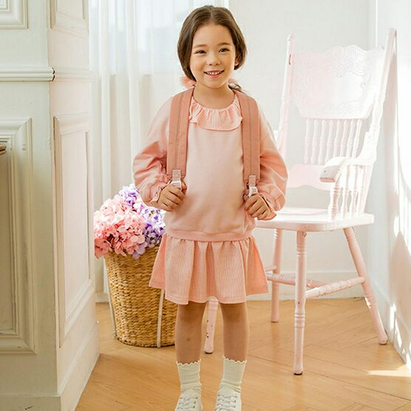 ラッフルカラー配色ワンピース(ピンク) p001233 キッズ 【3~8才】【ops】【韓国 ファッション ワンピース ミディワ