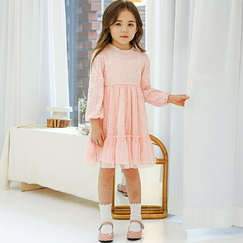 レース切替チュールワンピース(ピンク) p001232 キッズ 【3~8才】【ops】【韓国 ファッション ワンピース ミディワ